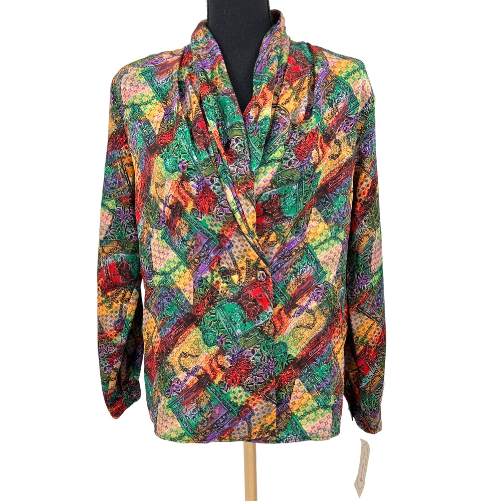 New Vintage Eva Laurel High‎ Neck 60s Pattern Mod Long Sleeve Floral Blouse 10